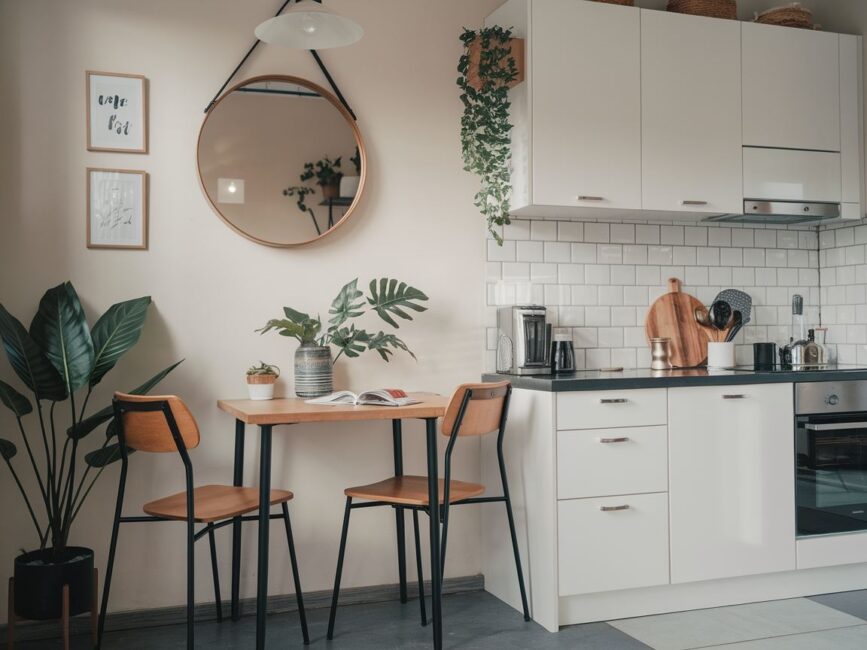 Stylowa dekoracja ściany nad stołem w kuchni